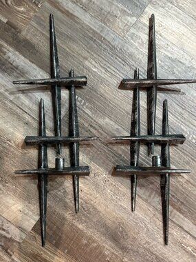 Vintage Metal Brutalist Wall Candle Sculptures Pair Decor Applied Patina Sconces